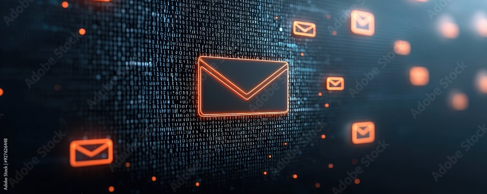 Poster an abstract digital representation of email icons amidst a futuristic background, symbolizing commun