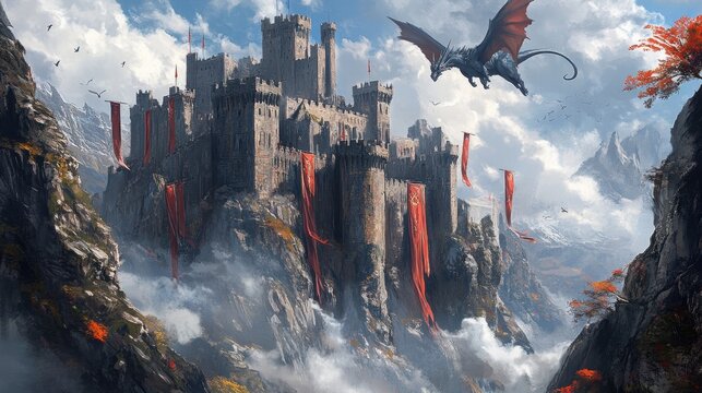 Majestic Dragon Soaring Above Ancient Stone Castle on Mountaintop.