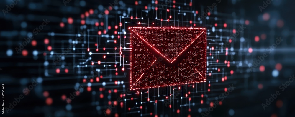 Poster digital envelope icon representing secure messaging and communication in a technology-inspired backg