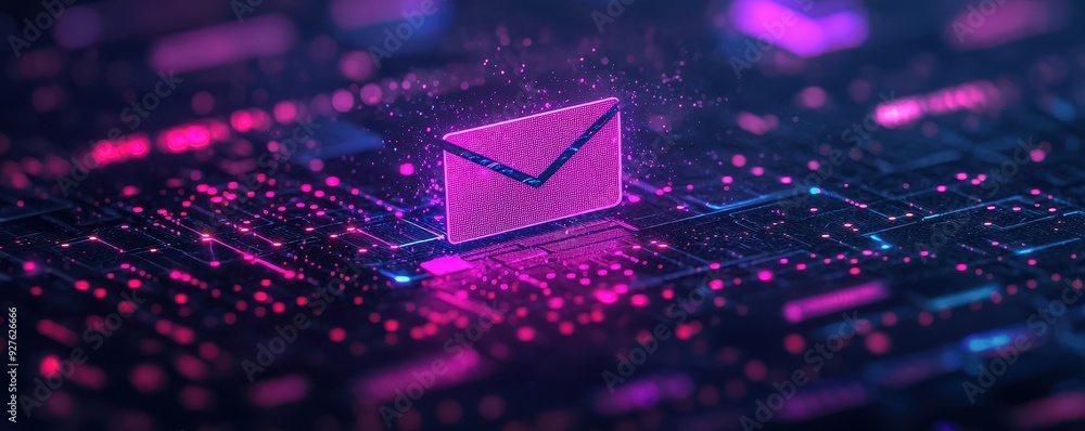 Poster futuristic digital envelope icon with neon colors on a circuit-like background, symbolizing email co