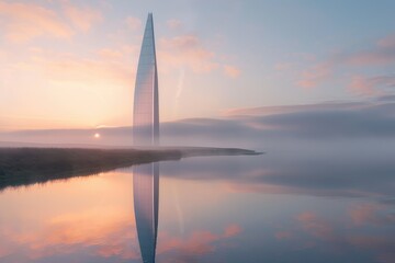 Fototapeta premium A Towering Structure Reflecting in a Misty Lake at Dawn
