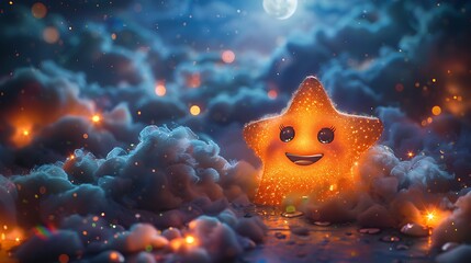 A playful star with big, sparkling eyes, floating in a dreamy night sky with swirling clouds and soft moonlight, the star's eyes full of light and joy, hd quality, natural look.  --ar 16:9 --v 6.0