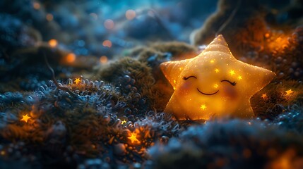 A playful star with big, sparkling eyes, floating in a dreamy night sky with swirling clouds and soft moonlight, the star's eyes full of light and joy, hd quality, natural look.  --ar 16:9 --v 6.0