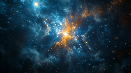 Fototapeta premium A sparkling star with big, twinkling eyes, floating in a deep, midnight blue sky, surrounded by smaller stars that glow softly, the star's eyes reflecting the light from distant galaxies, hd quality,