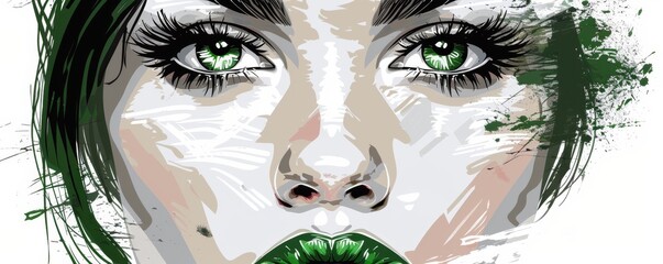 Portrait of a beautiful woman with striking green eyes and expressive white background