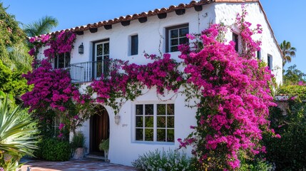 A white house with pink flowers cascading down a vine, wrapping around the exterior and adding a splash of color.