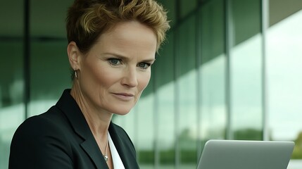 Fototapeta premium A focused Caucasian woman in a blazer analyzes data on her laptop, showcasing determination and professionalism in a modern office setting.