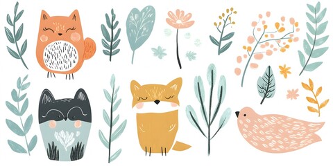 Cute Boho Woodland Clipart featuring whimsical forest animals and nature-inspired elements in a soft, bohemian style.