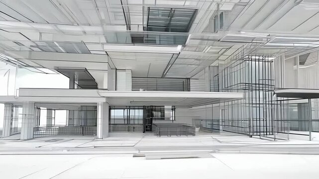 Wireframe rendering of a contemporary house with technical details