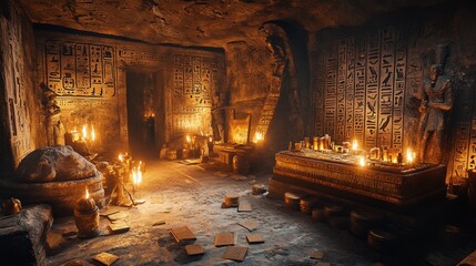 Ancient Egyptian Tomb Interior with Hieroglyphics, Candles, and Golden Artifacts.