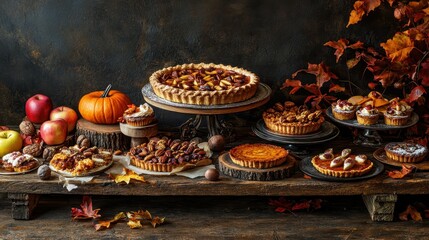Fototapeta premium Autumnal Feast Delicious Homemade Pies and Tarts with Fall Decorations.