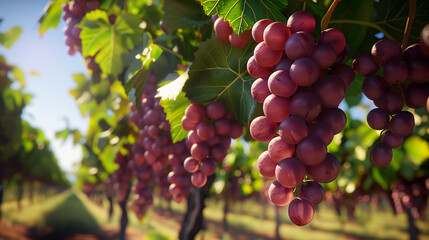 Ripe Red Grapes Hanging from Vines in a Sunny Vineyard