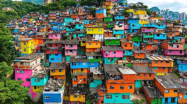 An aerial view of the colorful favelas in Rio de Janeiro, with tightly packed houses creating a vibrant mosaic of colors and patterns across the hillside