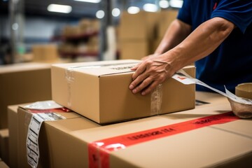 Mans hand taping cardboard box in a warehouse
