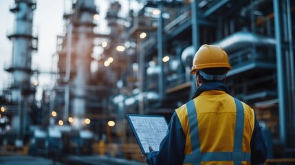 Engineers wearing safety gear, including hard hats examining survey a large blueprint tablet standing industrial facility gas or oil refinery