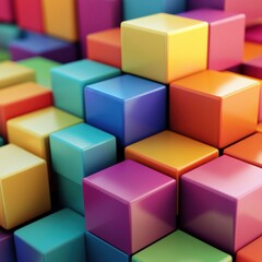 Colorful geometric cubes stacked in an abstract, modern evolution concept, each cube representing a stage in business or creative development.