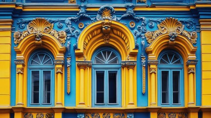 Obraz premium An impressive building in blue and yellow hues, adorned with ornate carvings and intricate patterns, reflecting classic architectural beauty.