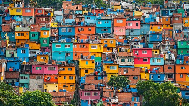 An aerial view of the colorful favelas in Rio de Janeiro, with tightly packed houses creating a vibrant mosaic of colors and patterns across the hillside