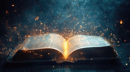 Obraz premium An open book with magical light glowing from its pages, illuminating the surrounding darkness with a mystical aura.