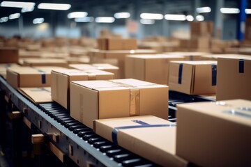 Multiple cardboard packages on a conveyor belt in warehouse