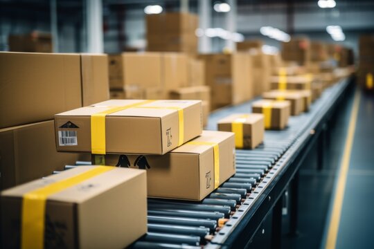 Multiple cardboard packages on a conveyor belt in warehouse
