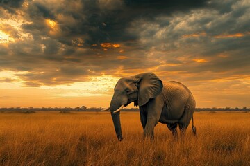 Obraz premium A lone elephant stands in a field of tall grass at sunset, with a dramatic, cloudy sky above.