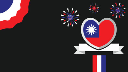 Taiwan Republic of China vector banner design illustration with flag colors, geometric shapes and typography. fireworks and ribbon elements.