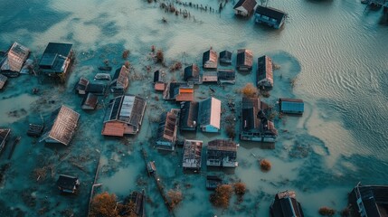 Aerial View of Flooded Houses in a Village - Disaster and Climate Change