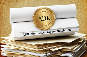 Stack of papers with the word text phrase ADR acronym abbreviation of "Alternative Dispute Resolution"