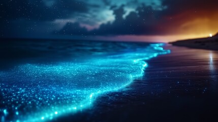 Fototapeta premium A wave of bioluminescent plankton glows a vibrant blue in the dark ocean water at night.