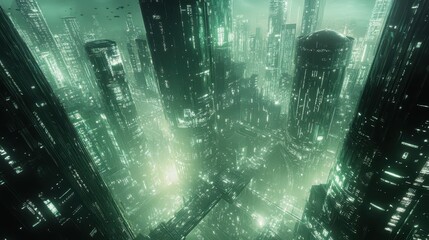 Obraz premium Futuristic Cityscape with Green Glow and Glowing Towers - Cyberpunk Architecture Illustration