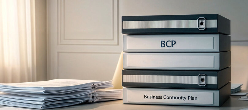 A stack of papers with the text word "BCP" acronym abbreviation of Business Continuity Plan.