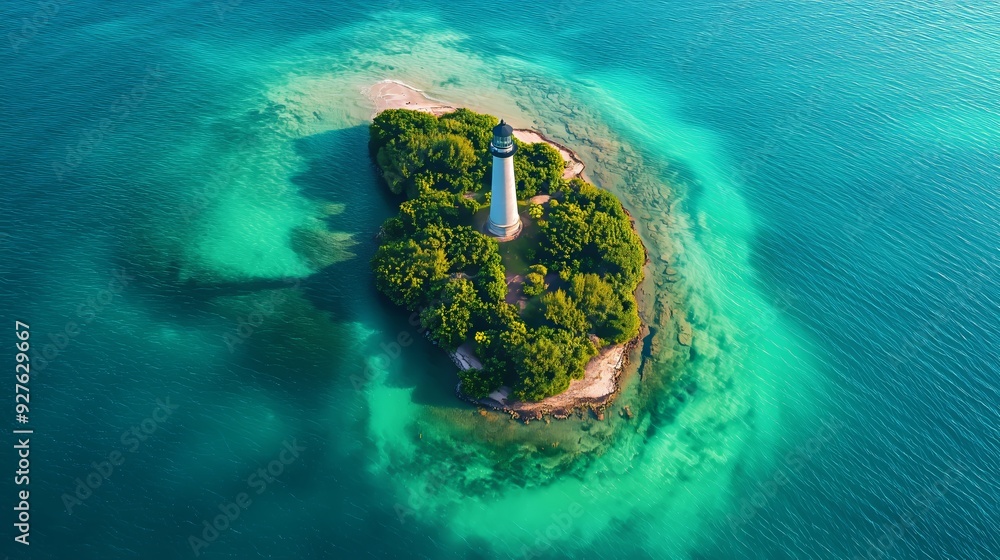 Canvas Prints A lone lighthouse stands tall on a small, lush island in the middle of a vast expanse of turquoise water.