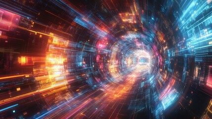 Abstract Digital Tunnel with Glowing Lines and Light Effects.