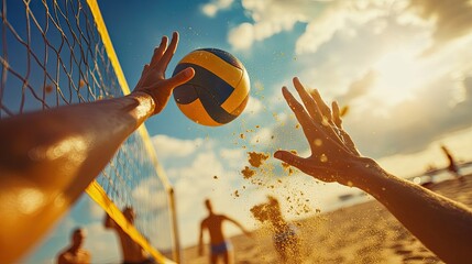 Close-up of a beach volleyball game, with players' hands reaching for the ball, set against a background of sand, sea, and sky.