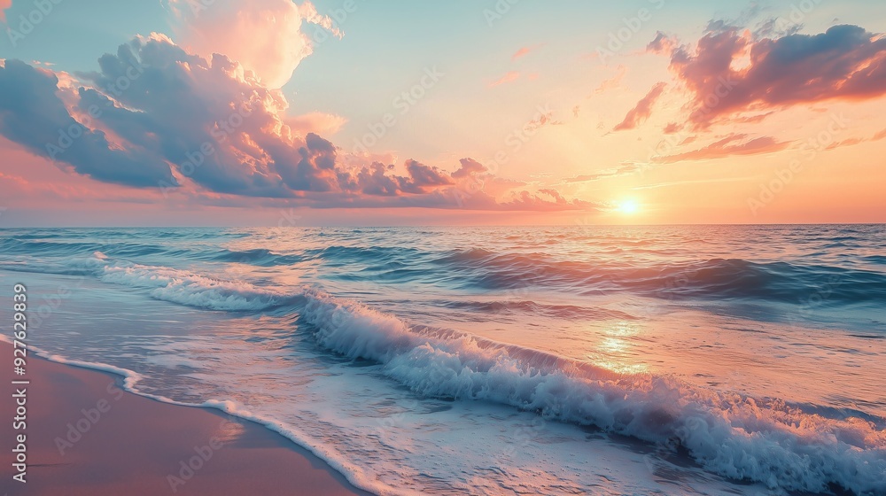 Wall mural Peaceful ocean waves gently crashing on the sandy shore as the sun sets, painting the sky with vibrant hues of pink and orange.