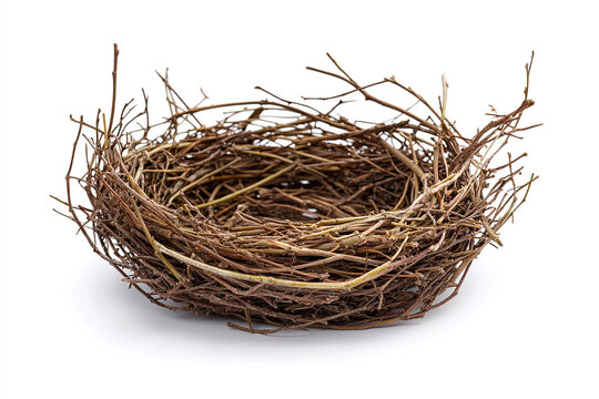 An empty bird's nest made of twigs on a white background