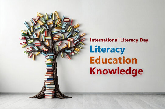 A vibrant tree composed of books of various colors and sizes, with the text word phrase "International Literacy Day". September event