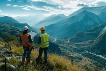Fototapeta premium Environmental engineers overlooking a valley