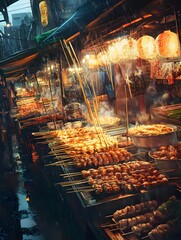 Dreamlike animated style of Thai street food at night, featuring vibrant colors and glowing lanterns in a bustling night market.