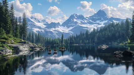 Fototapeta premium Majestic Mountain Lake with Deer Reflection and Stunning Sky.