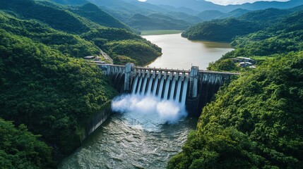 Aerial View of a Dam with Water Flowing Over It, Surrounded by Lush Green Forest and Mountains.