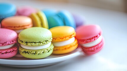 Fototapeta premium Close-up of colorful macarons neatly placed on a white plate, set against a neutral background.