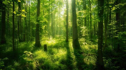 Obraz premium A lush green forest with sunlight filtering through the trees, representing the beauty and importance of forests.