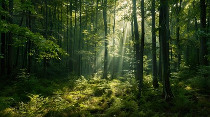 A lush green forest with sunlight filtering through the trees, representing the beauty and importance of forests.