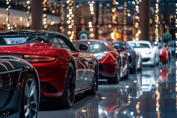 Fototapeta premium New cars display in luxury showroom