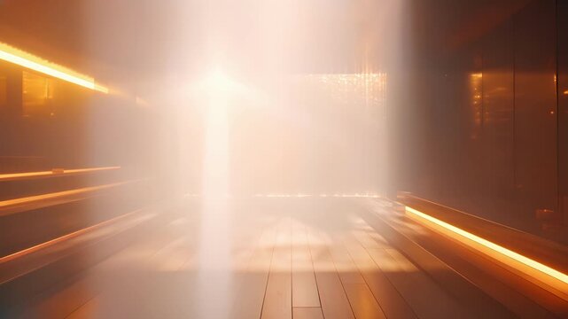 The spas sauna room is designed to resemble an electrons energetic journey with a gradual increase and decrease in temperature and light.