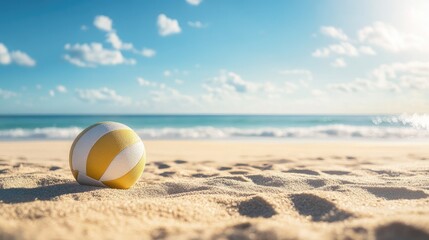 Focused volleyball lying on sun-kissed beach sand, with gentle waves in the distance, ready for an exciting game under the summer sun.