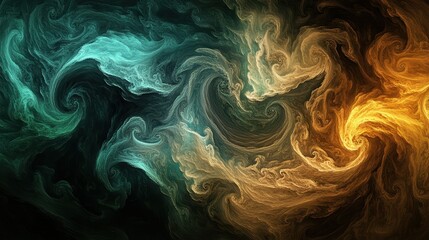 Fototapeta premium Abstract Swirling Pattern with Teal and Gold Hues on Black Background - Digital Art.
