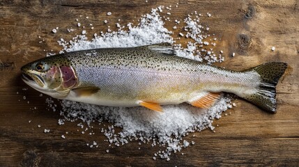 Obraz premium Fresh rainbow trout with kosher salt, styled simply on a wooden surface, highlighting natural textures.